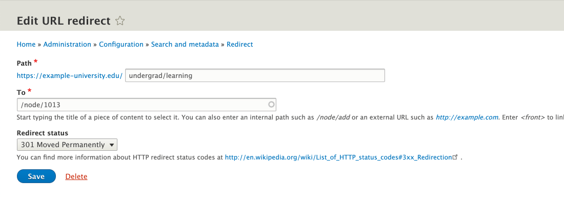 Screenshot of the Drupal Redirect module