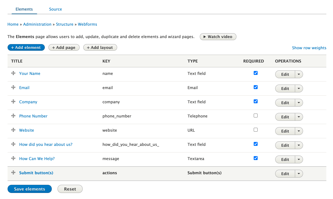 Screenshot of editing a Drupal Webform