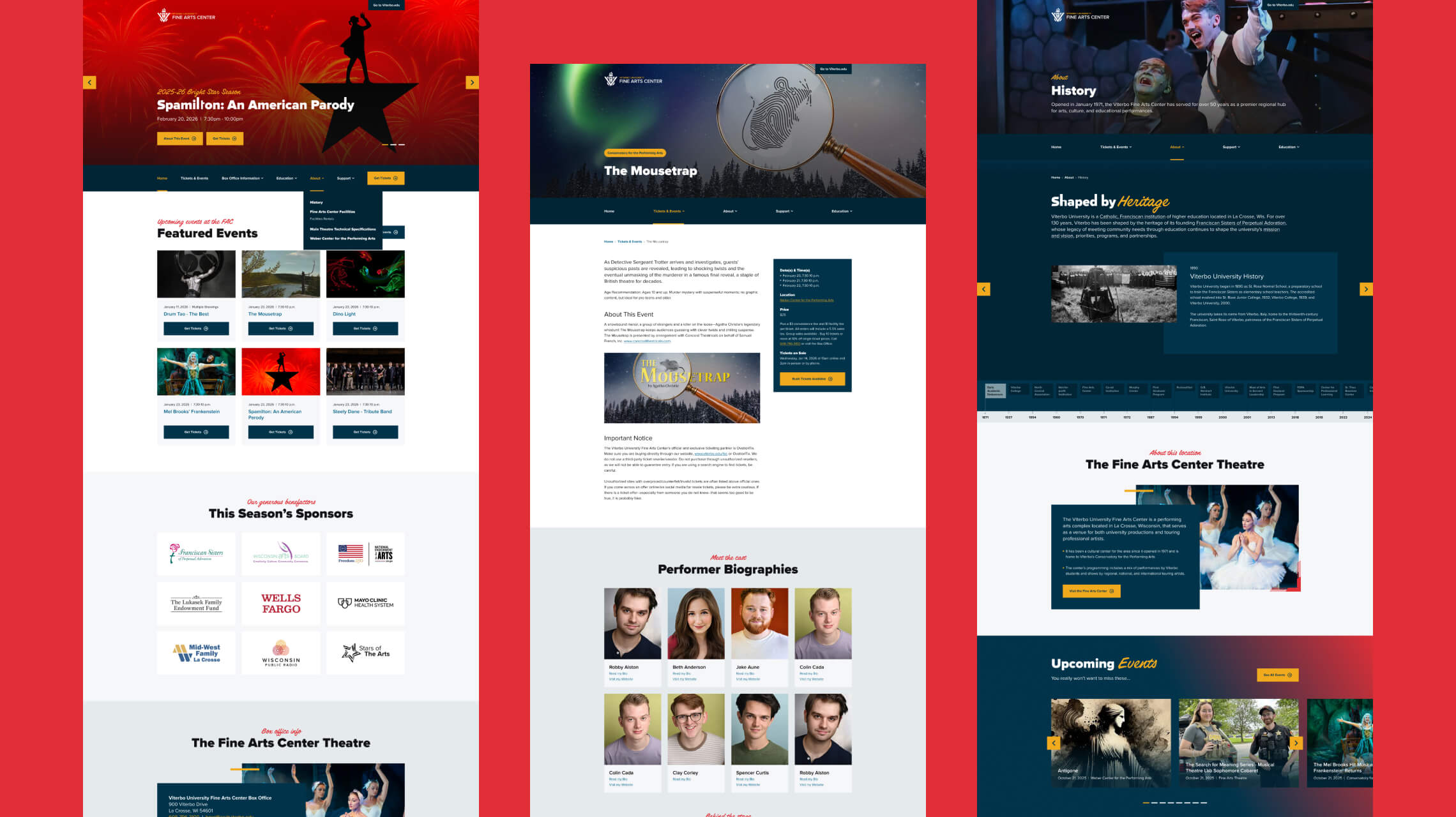 Desktop design examples of the Fine Arts Center microsite