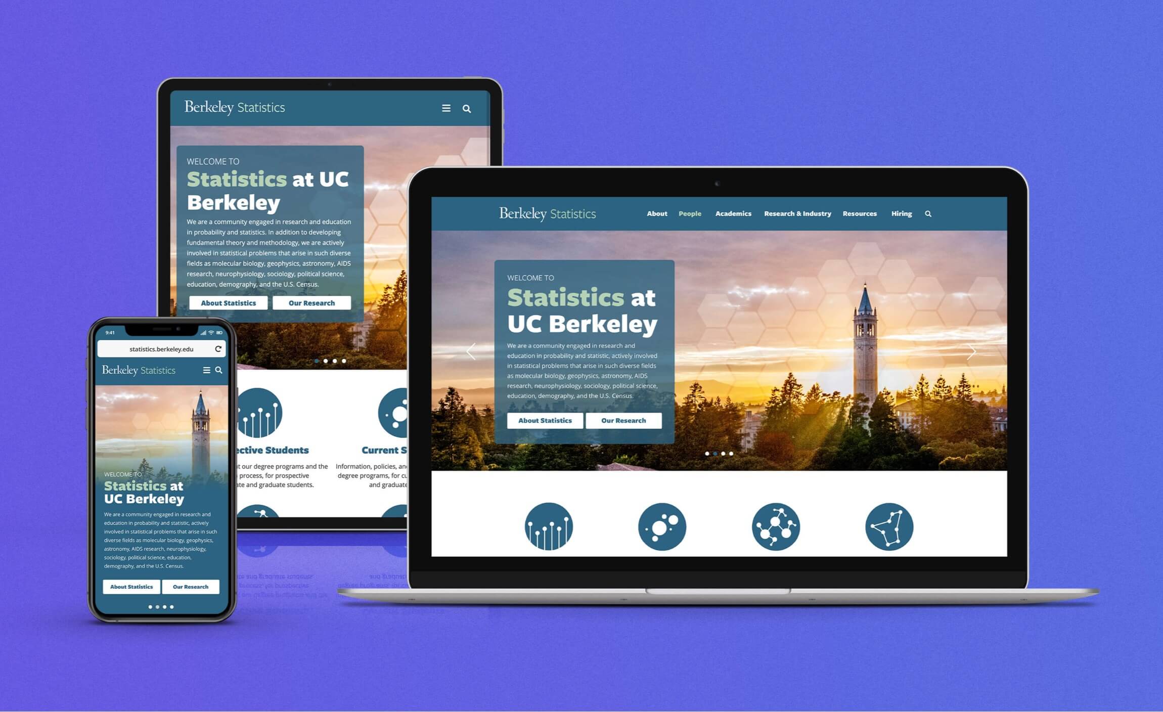 Homepage of the UC Berkeley Statistics website shown in a laptop, tablet, and smartphone