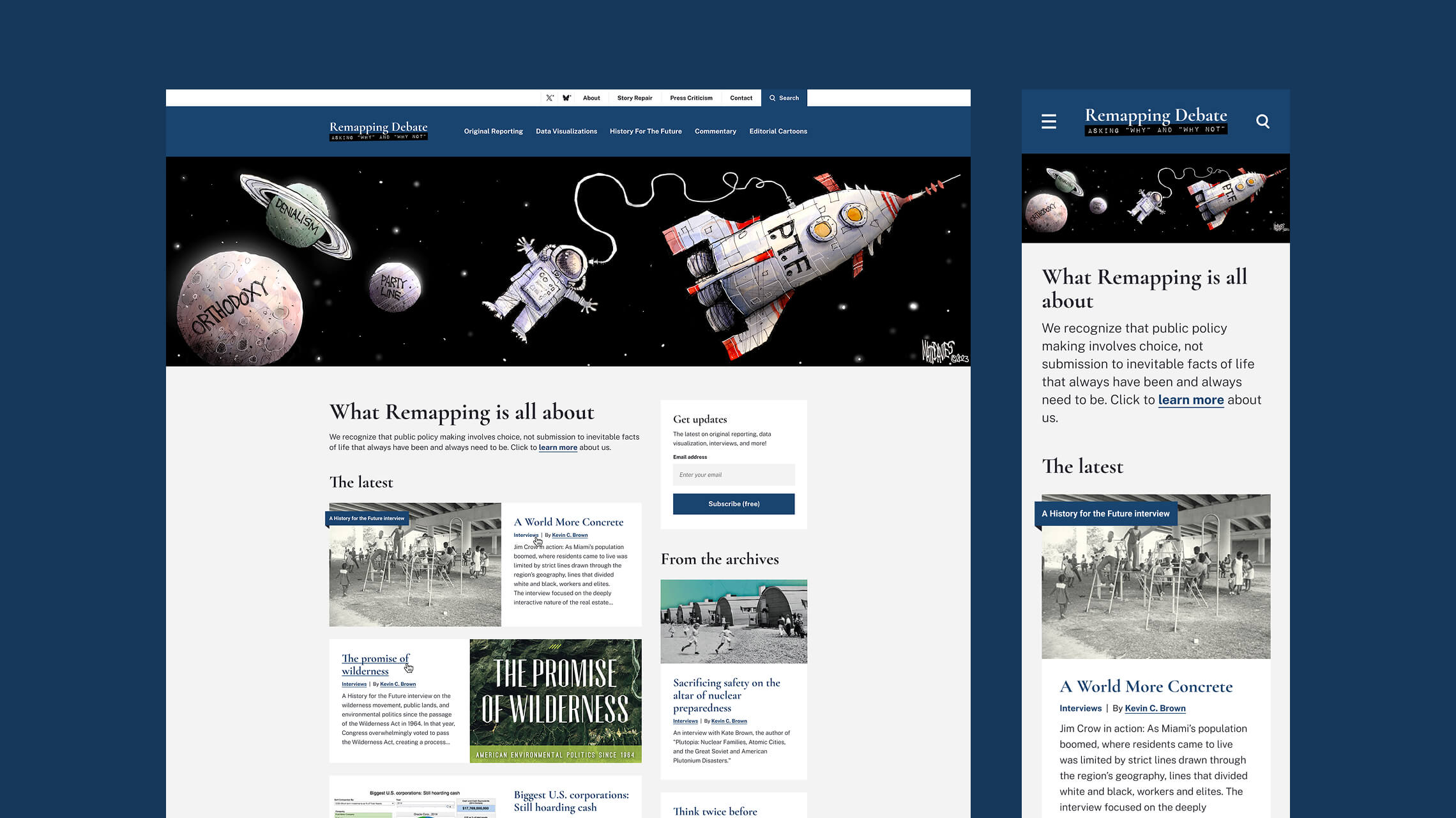 Desktop and mobile designs for the new Remapping Debate homepage