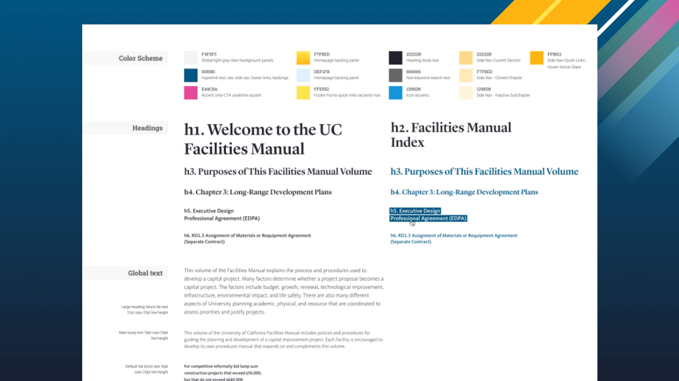 Design of the desktop style guide for the Facilities Manual.
