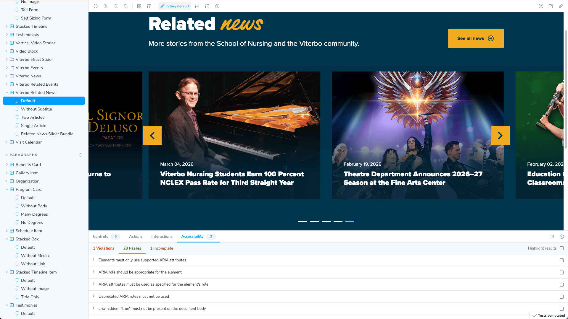 Screenshot of Storybook showing a news section