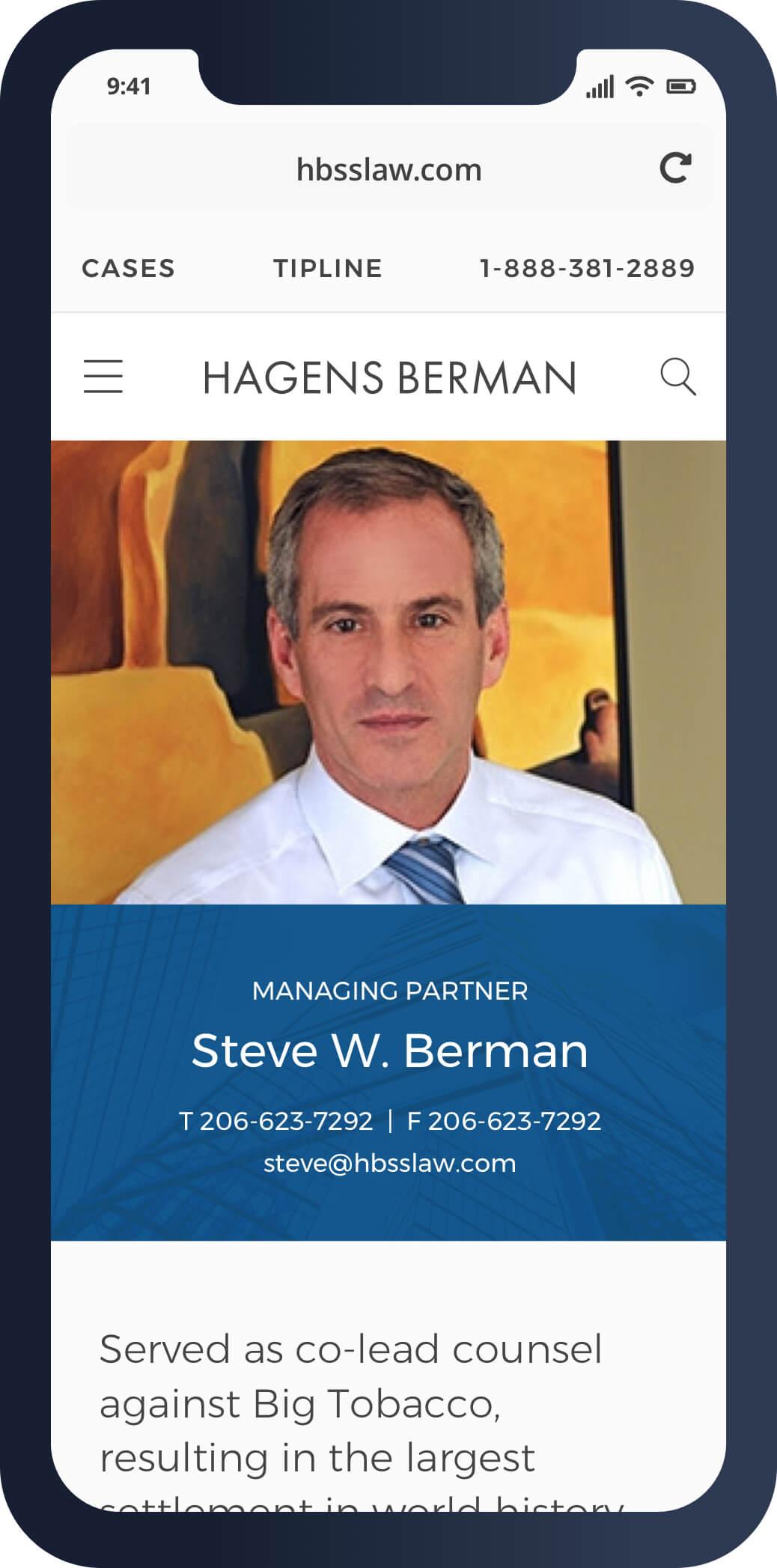 A mobile screenshot of a Hagens Berman person page