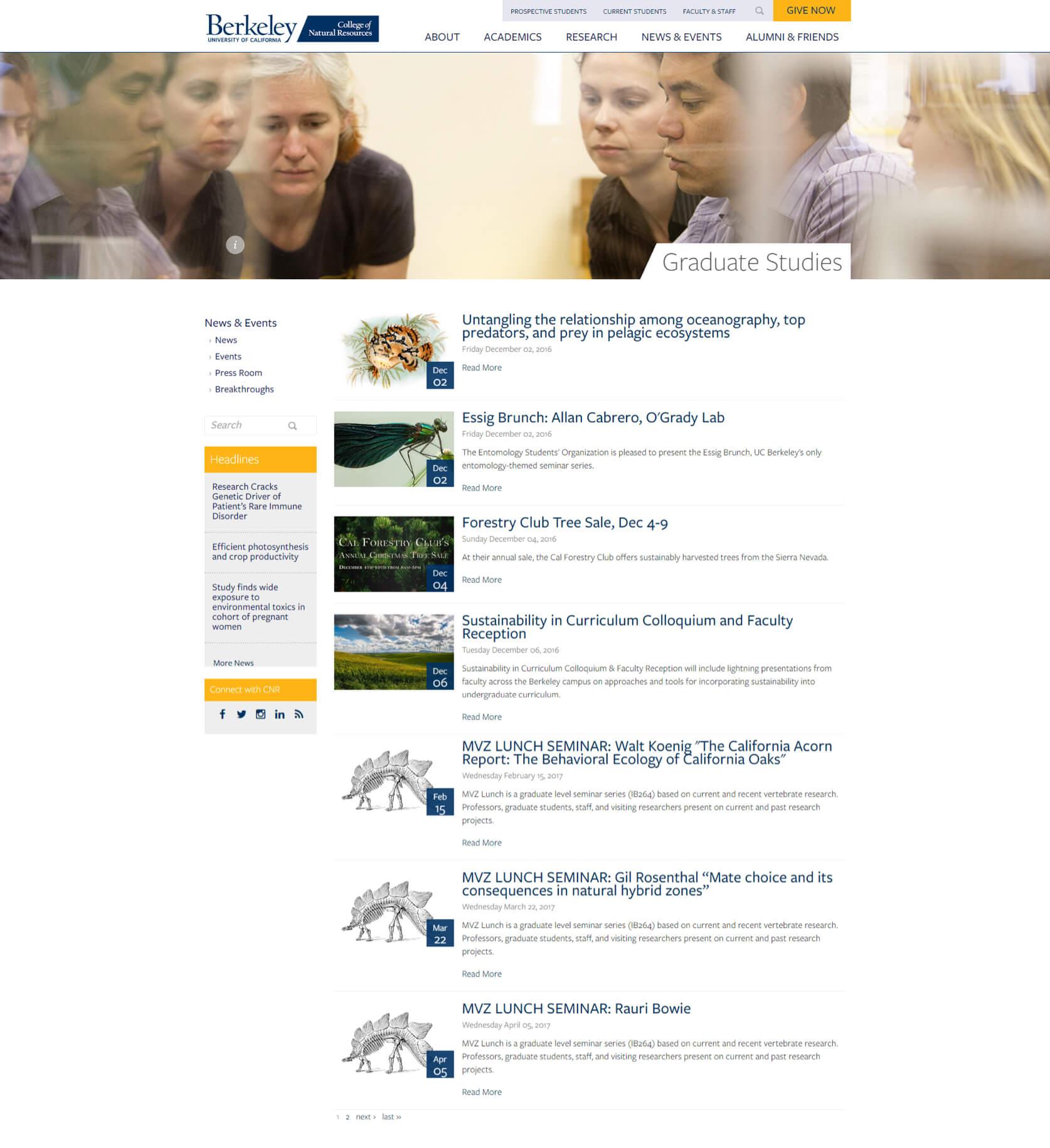 A screenshot of the College of Natural Resources' events river page