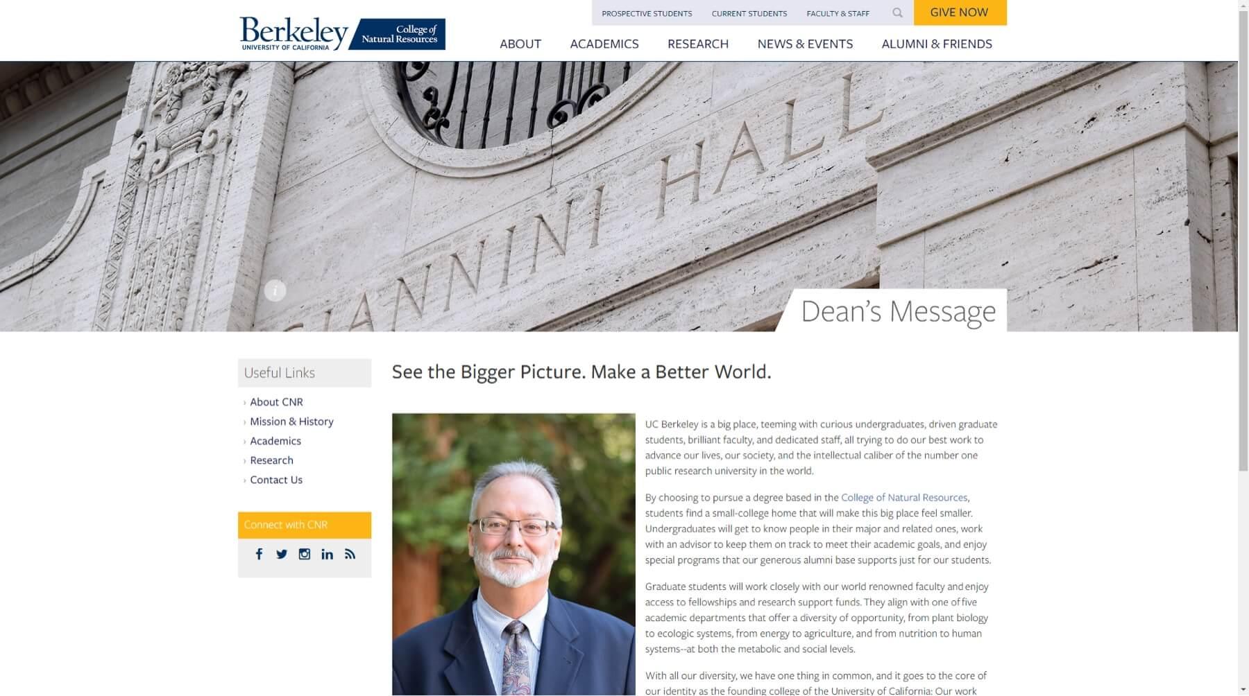 A screenshot of the College of Natural Resources' Dean's Message page