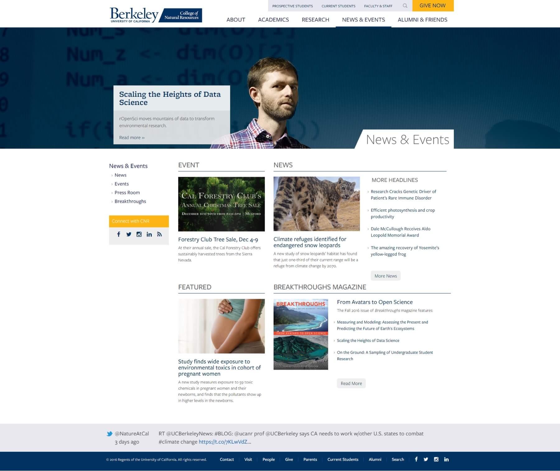 A screenshot of the College of Natural Resources' news landing page
