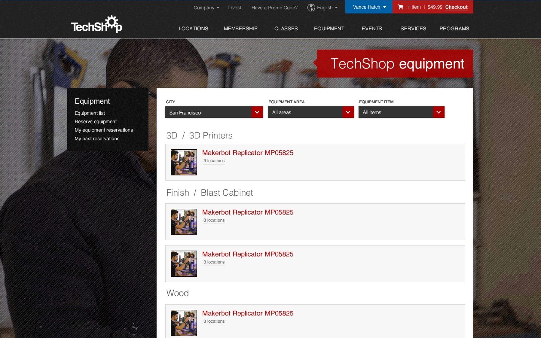 A screenshot of the TechShop equipment list page