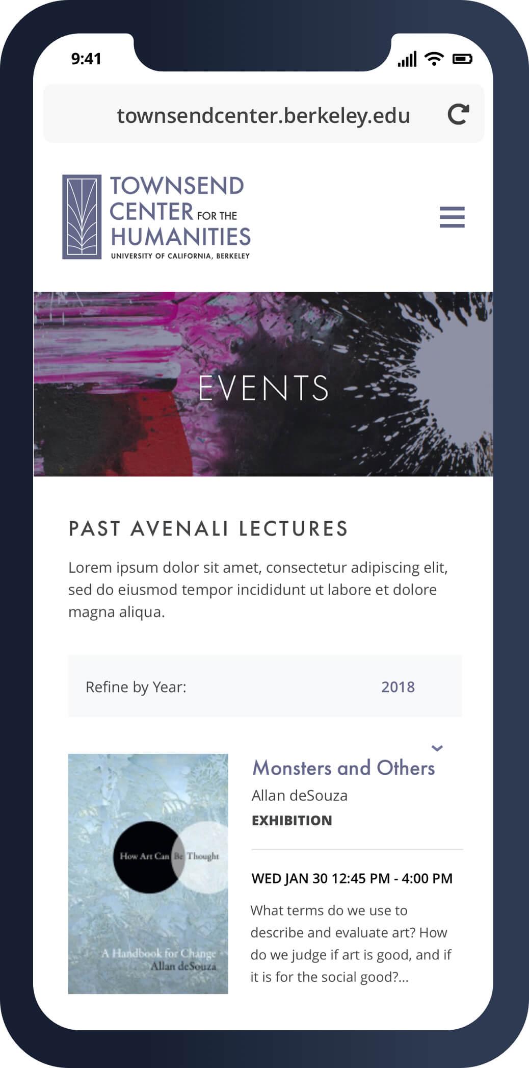 A mobile screenshot of the Townsend Center for the Humanities event page
