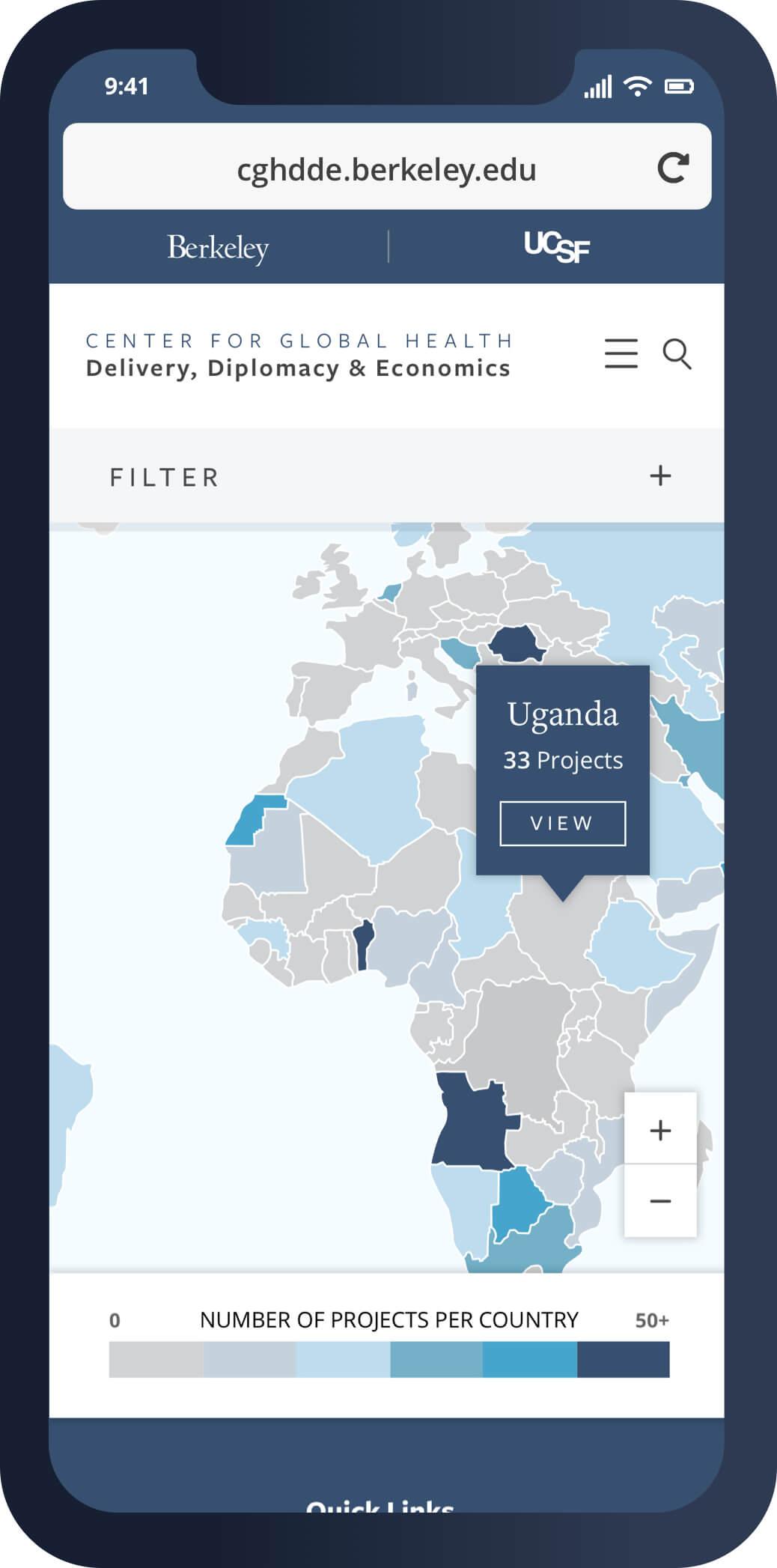 A mobile screenshot of the interactive projects map