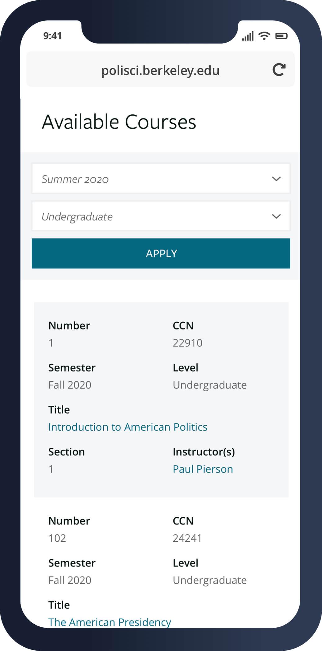 A mobile screenshot of the Polisci courses landing page