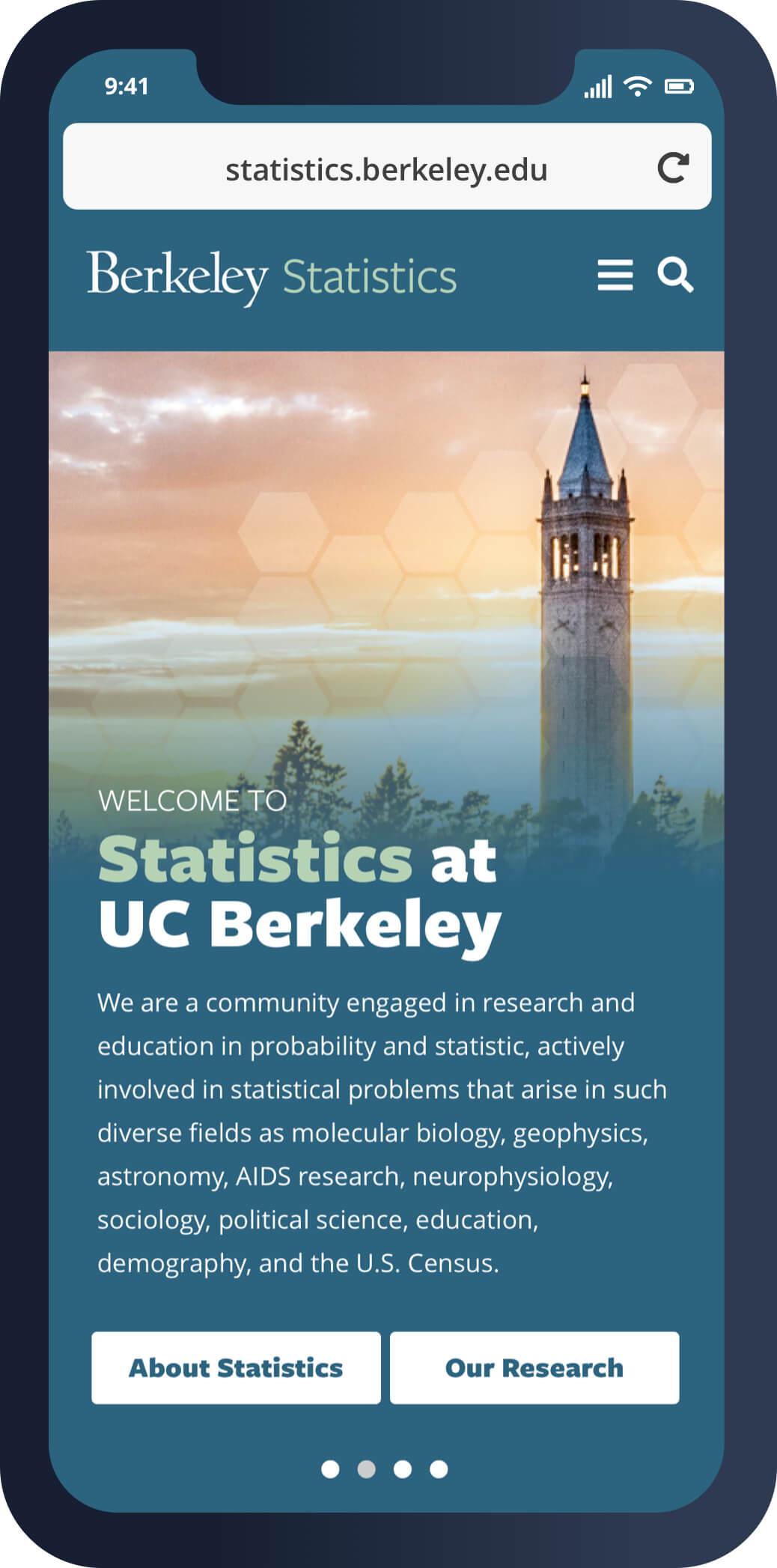 A mobile screenshot of the UC Berkeley Statistics homepage