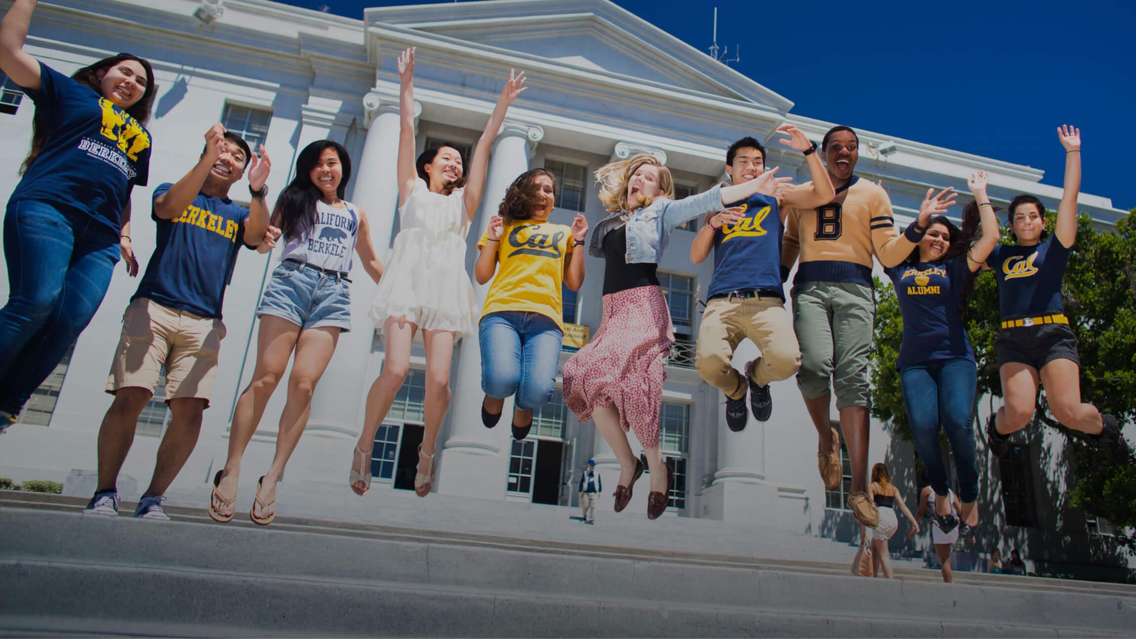 Photo of Berkeley students jumping. Photo by Elena Zhukova. Copyright 2018 UC Regents.