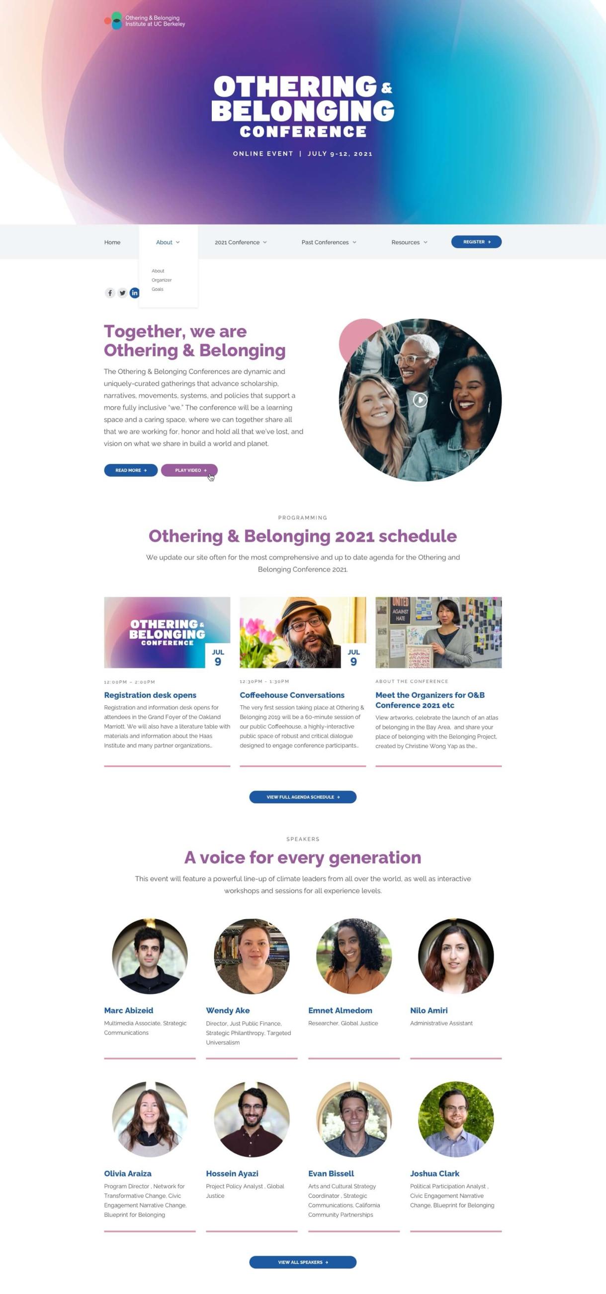 A desktop screenshot of an Othering & Belonging conference microsite