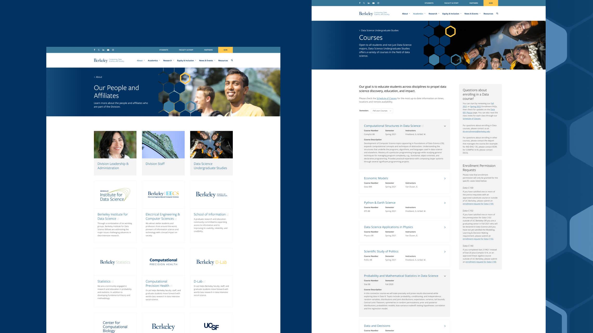 Desktop design showing screens for affiliated departments and courses