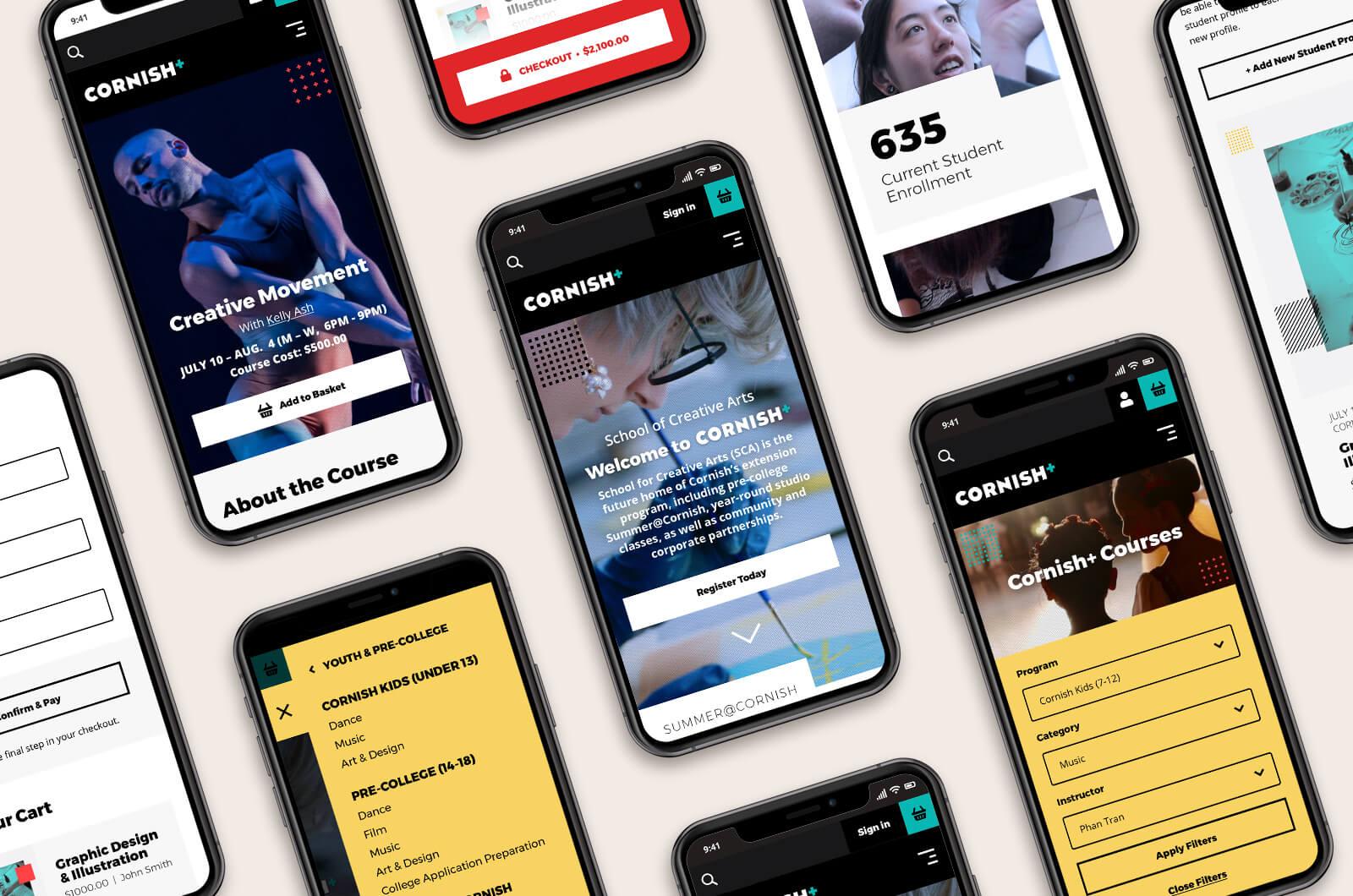 Various mobile design screens for the Cornish+ website