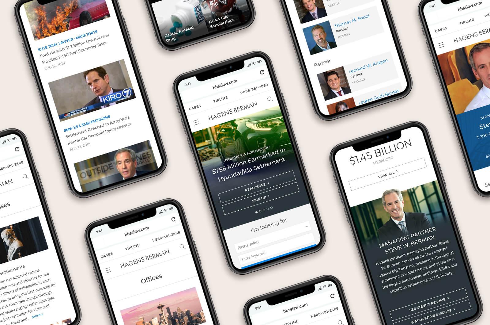 Various mobile screens for the Hagens Berman website