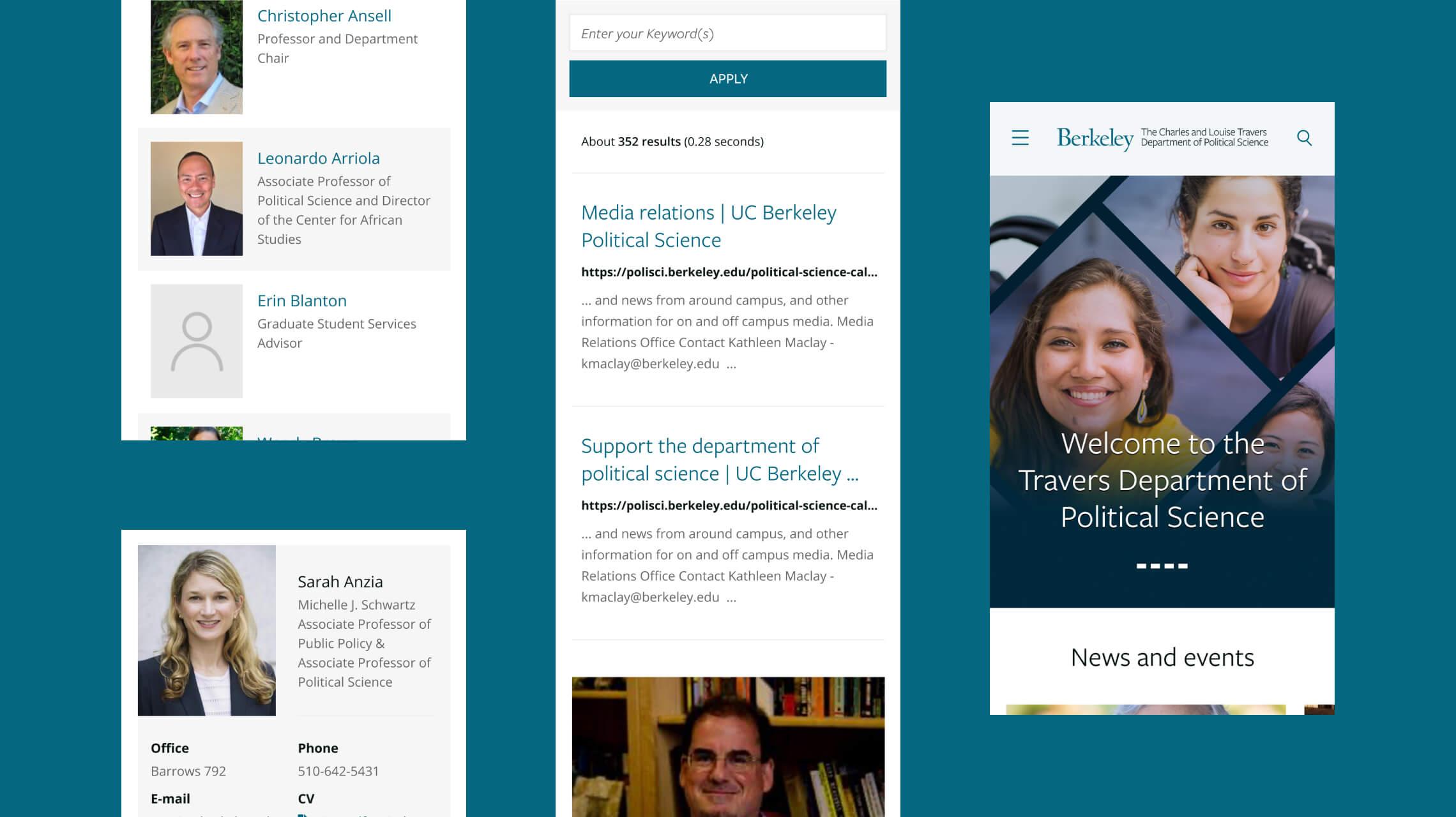 Mobile design examples of the UC Berkeley Department of Political Science website