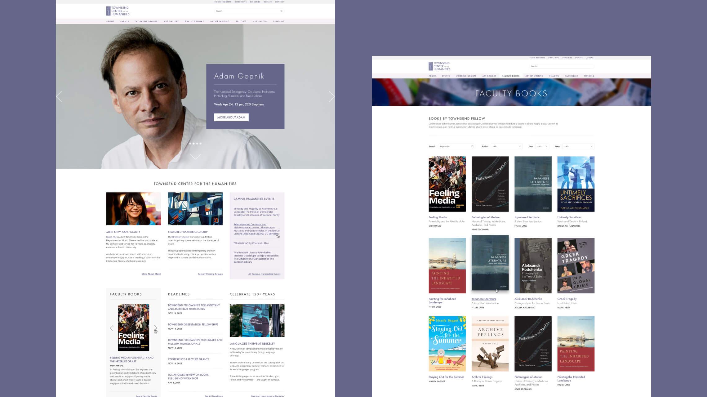 Desktop design examples of the Townsend Center for the Humanities website
