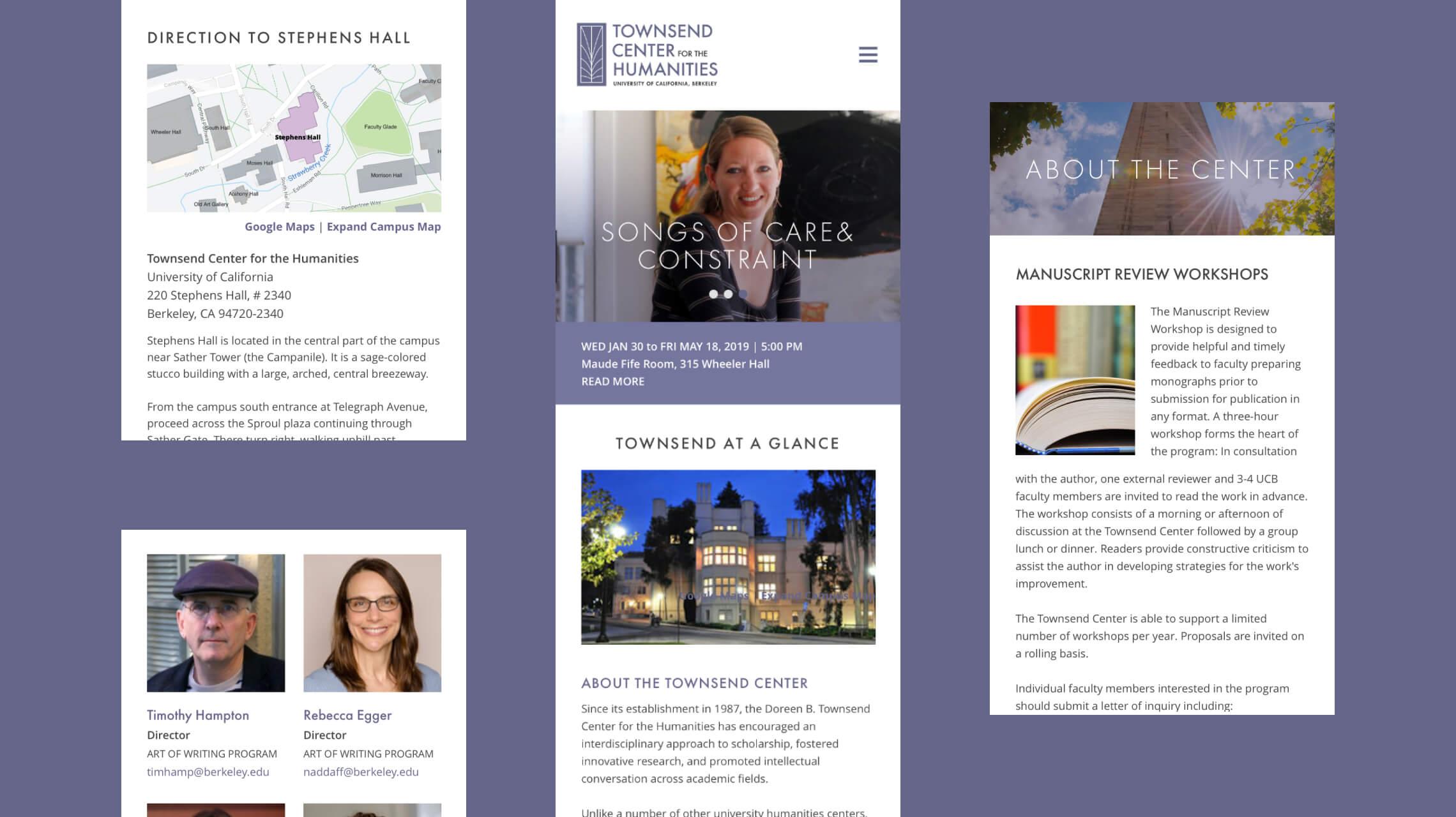 Mobile design examples of the Townsend Center for the Humanities website