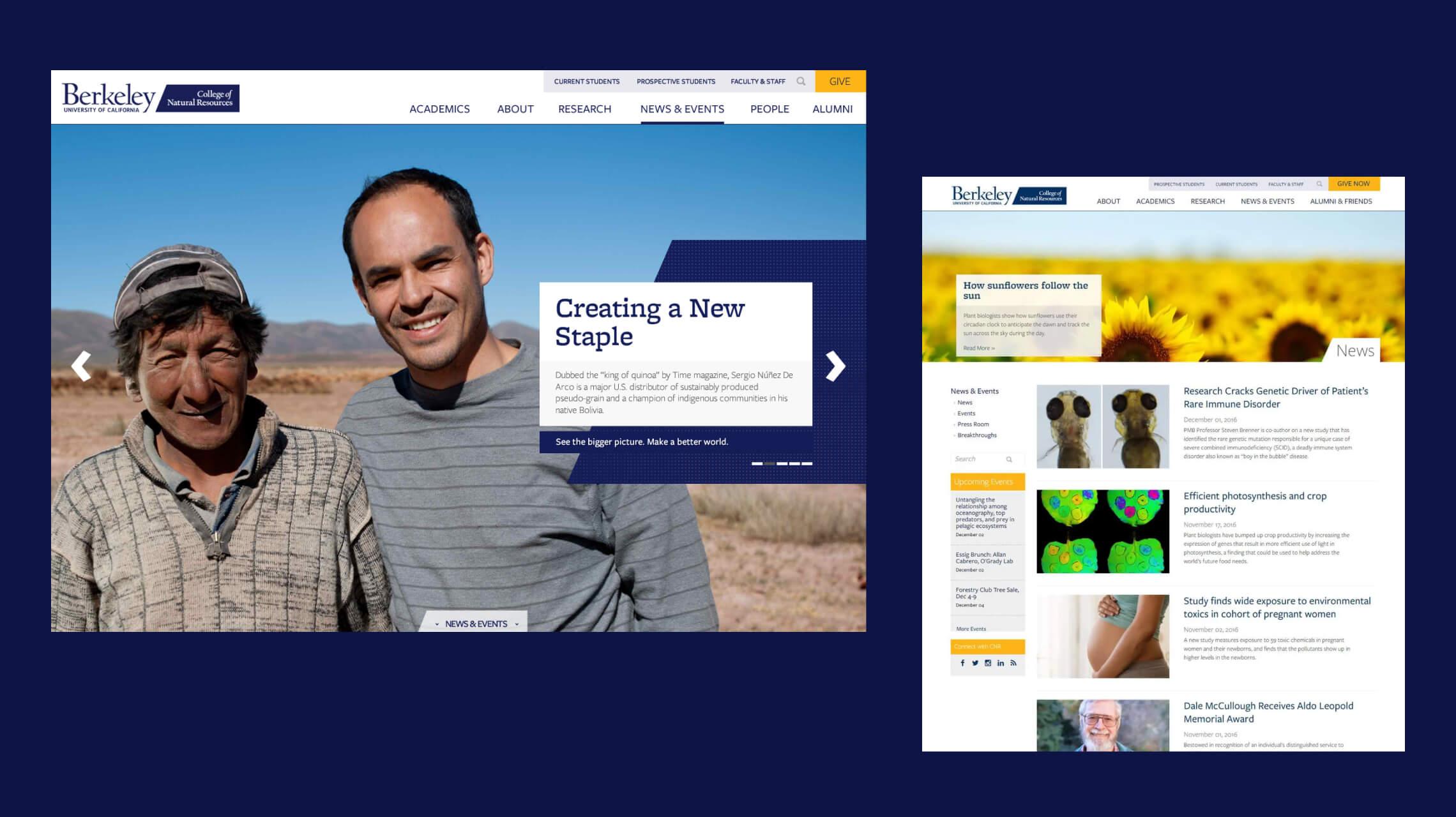Desktop design examples of the UC Berkeley Rausser College of Natural Resources website