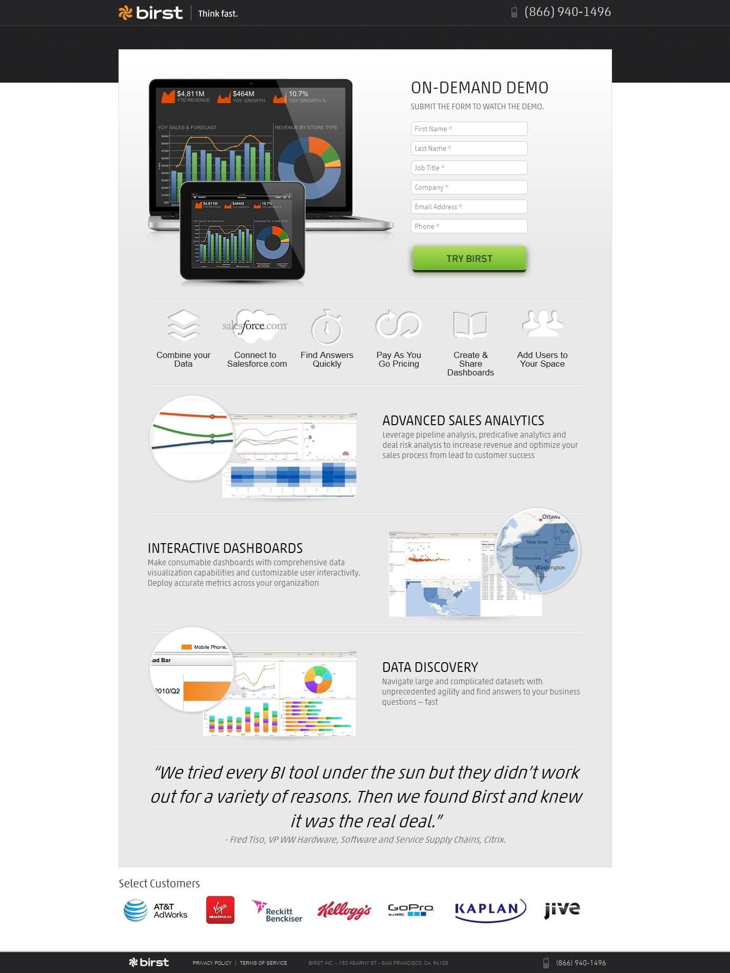 A desktop screenshot of the Birst on-demand demo page