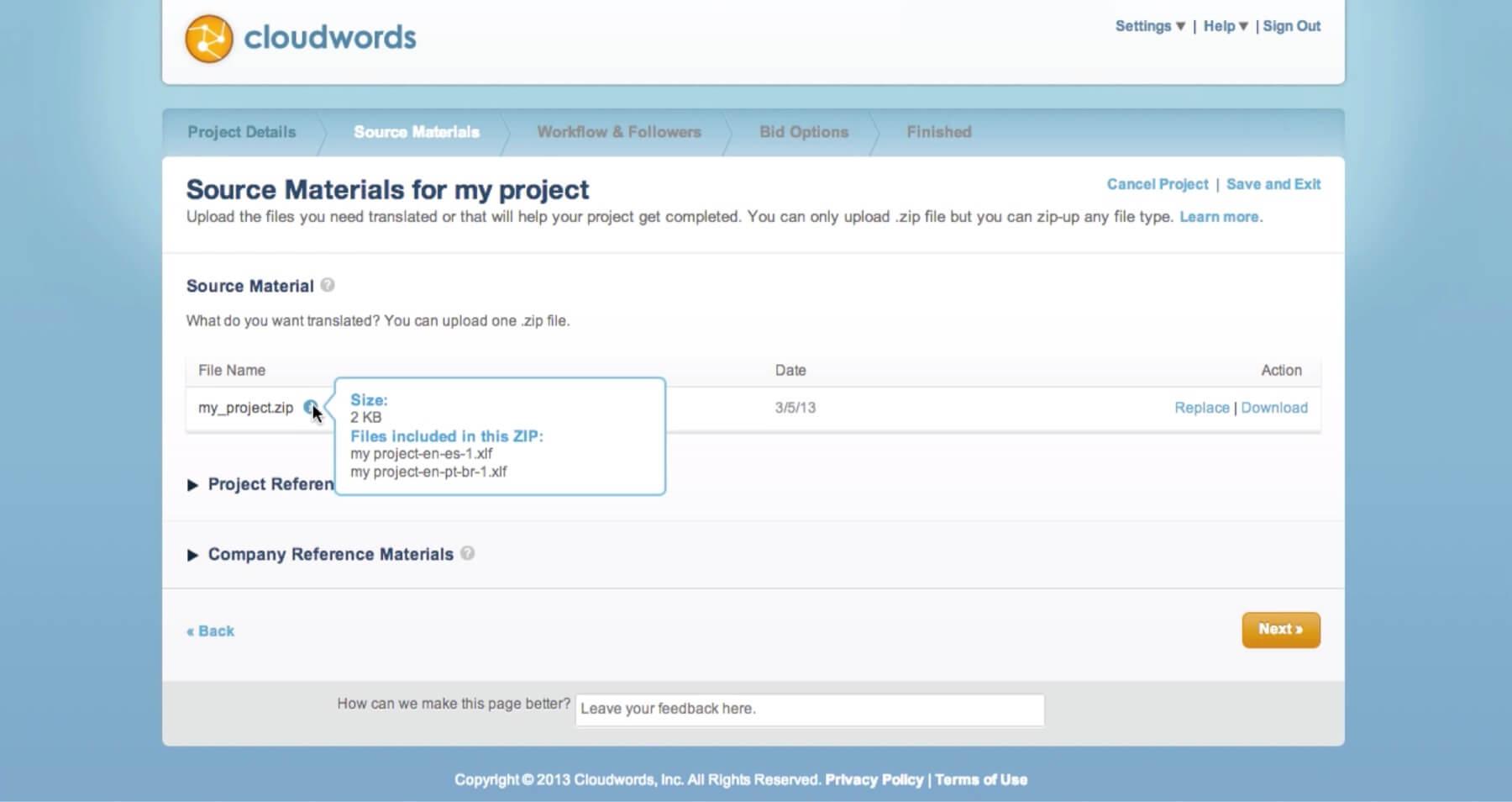 Screenshot of Cloudwords' translation management interface