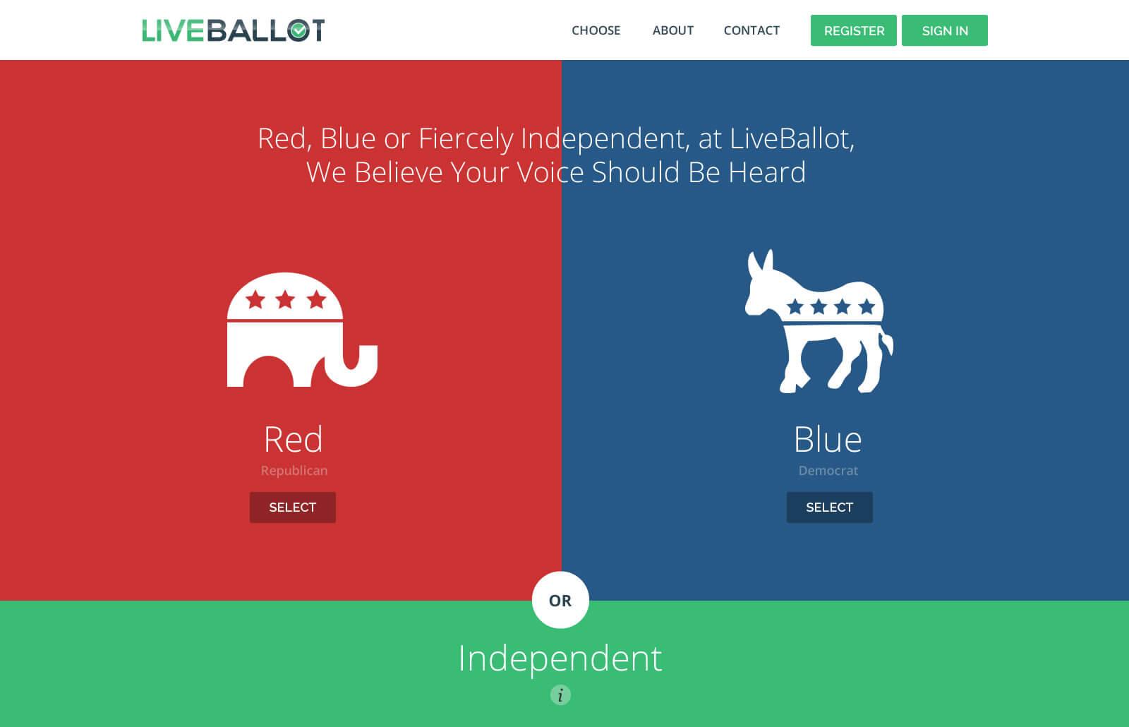 Screenshot of LiveBallot's Straw Poll, showing democrat logo vs republican logo