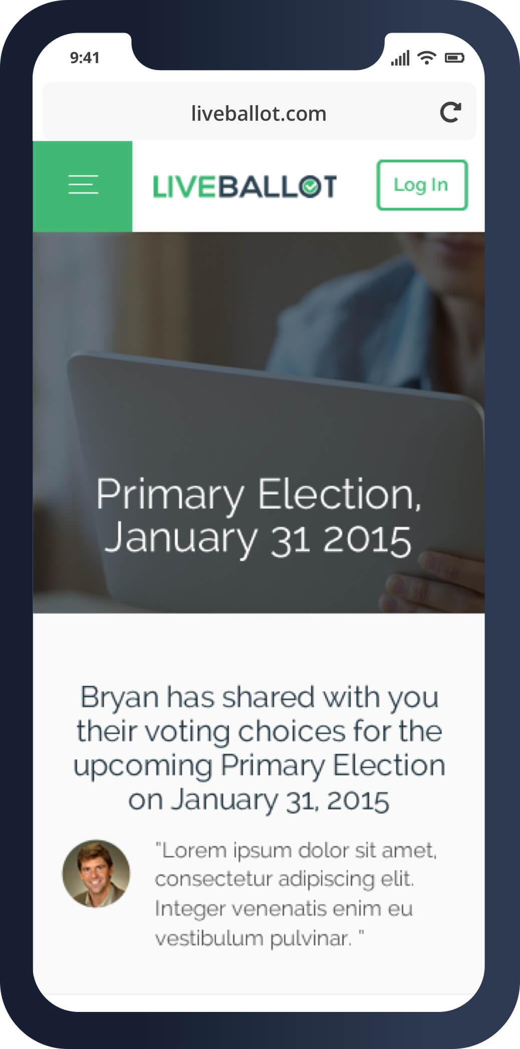 A mobile screenshot of LiveBallot's ballot sharing functionality