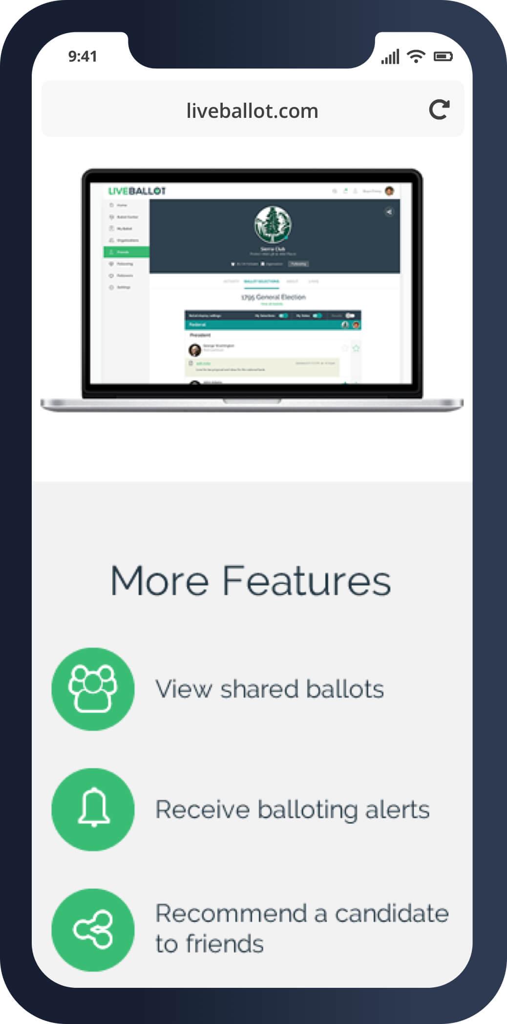 A mobile screenshot of the LiveBallot homepage