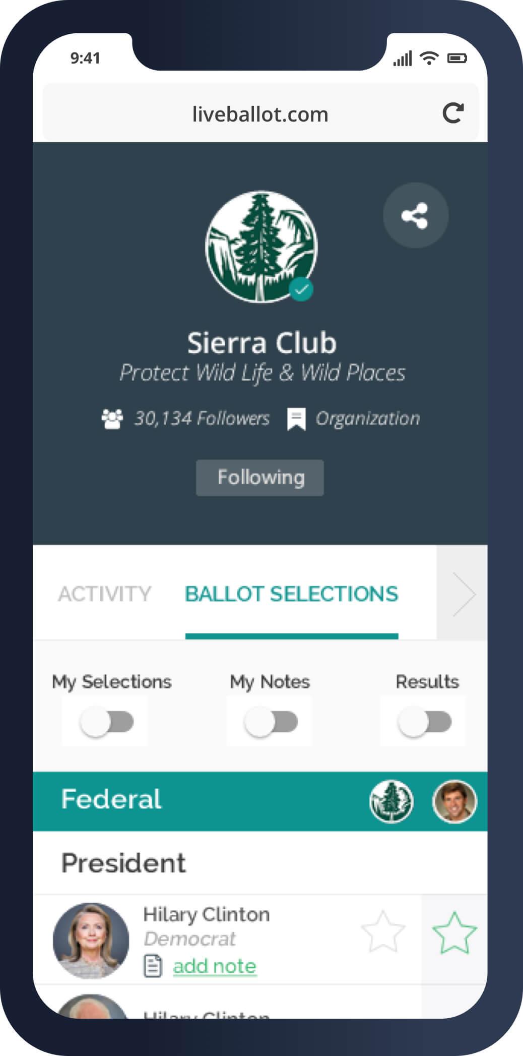 A mobile screenshot of LiveBallot showing an organization page with their ballot selections