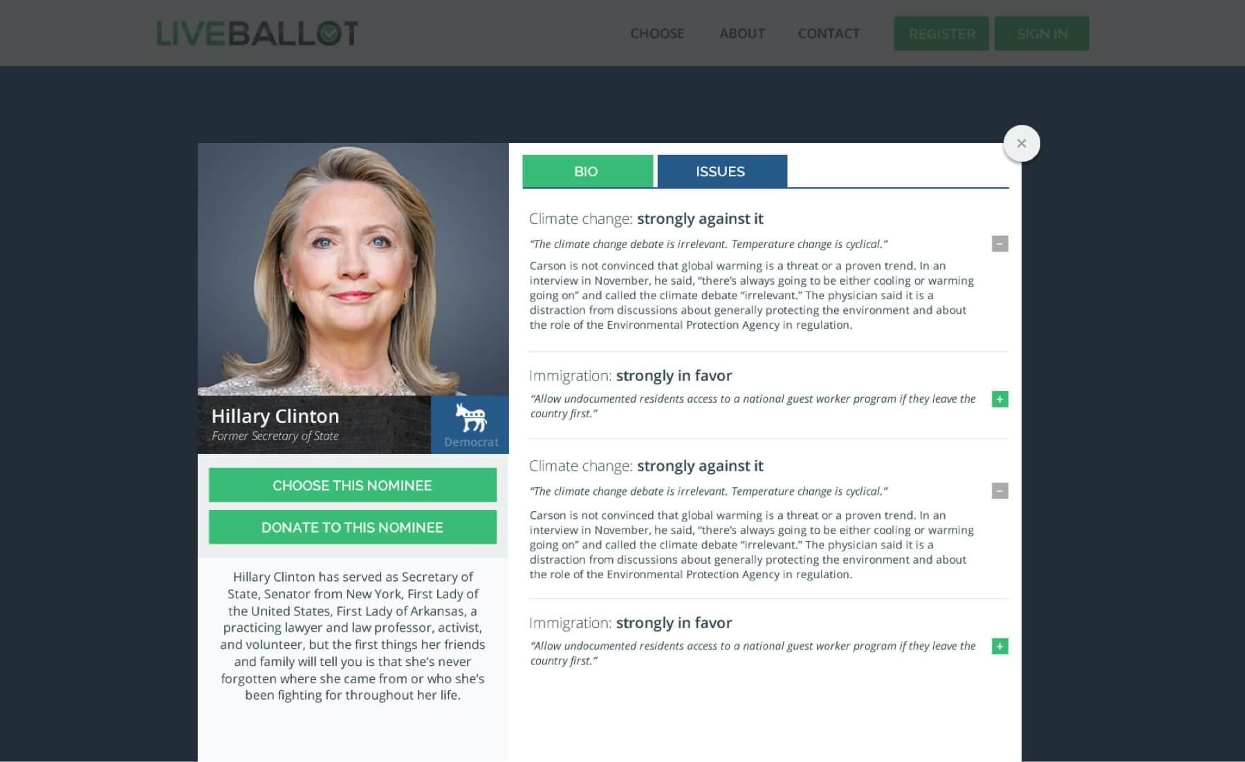 A screenshot of LiveBallot showing Hillary Clinton's bio