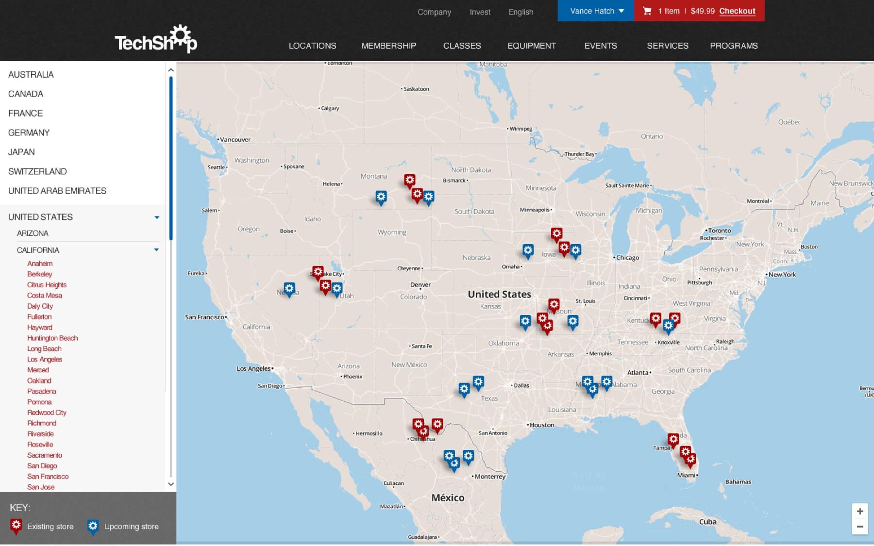 A desktop screenshot of a TechShop locations map