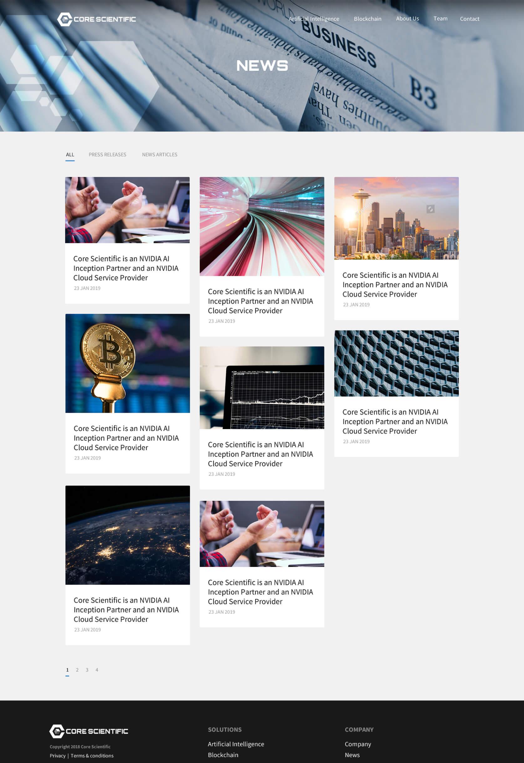 A desktop screenshot of the Core Scientific news landing page