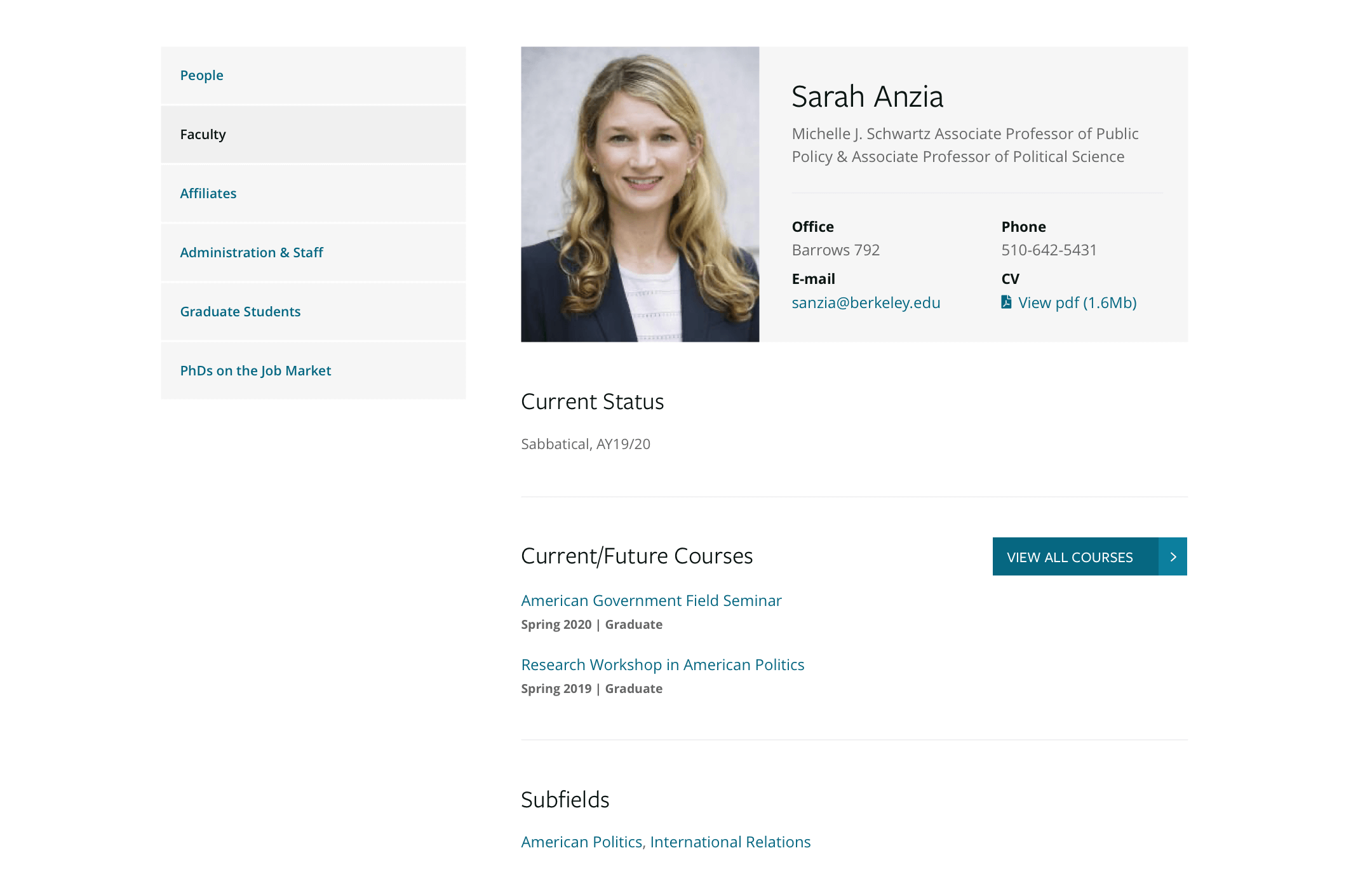 A desktop screenshot of a Polisci person page showing the relationship between faculty and courses