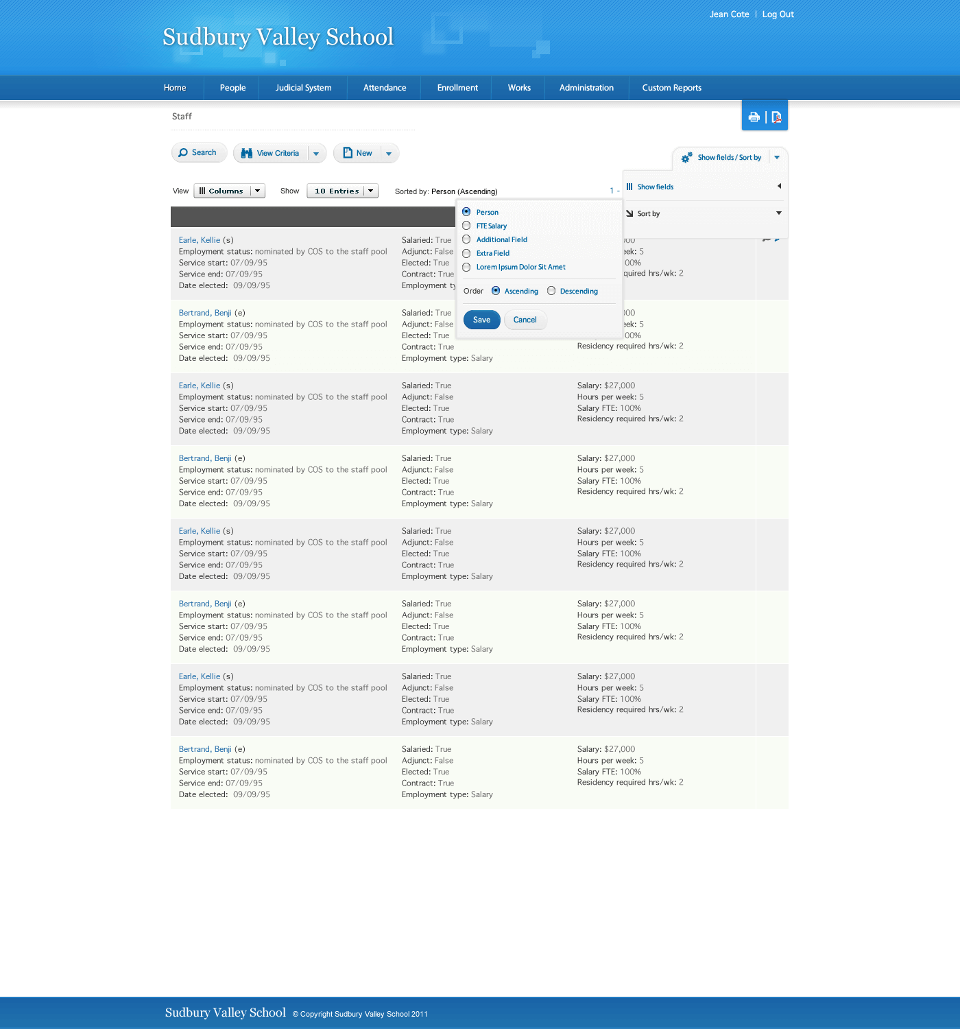 A screenshot of the Sudbury Valley School CMS datatable