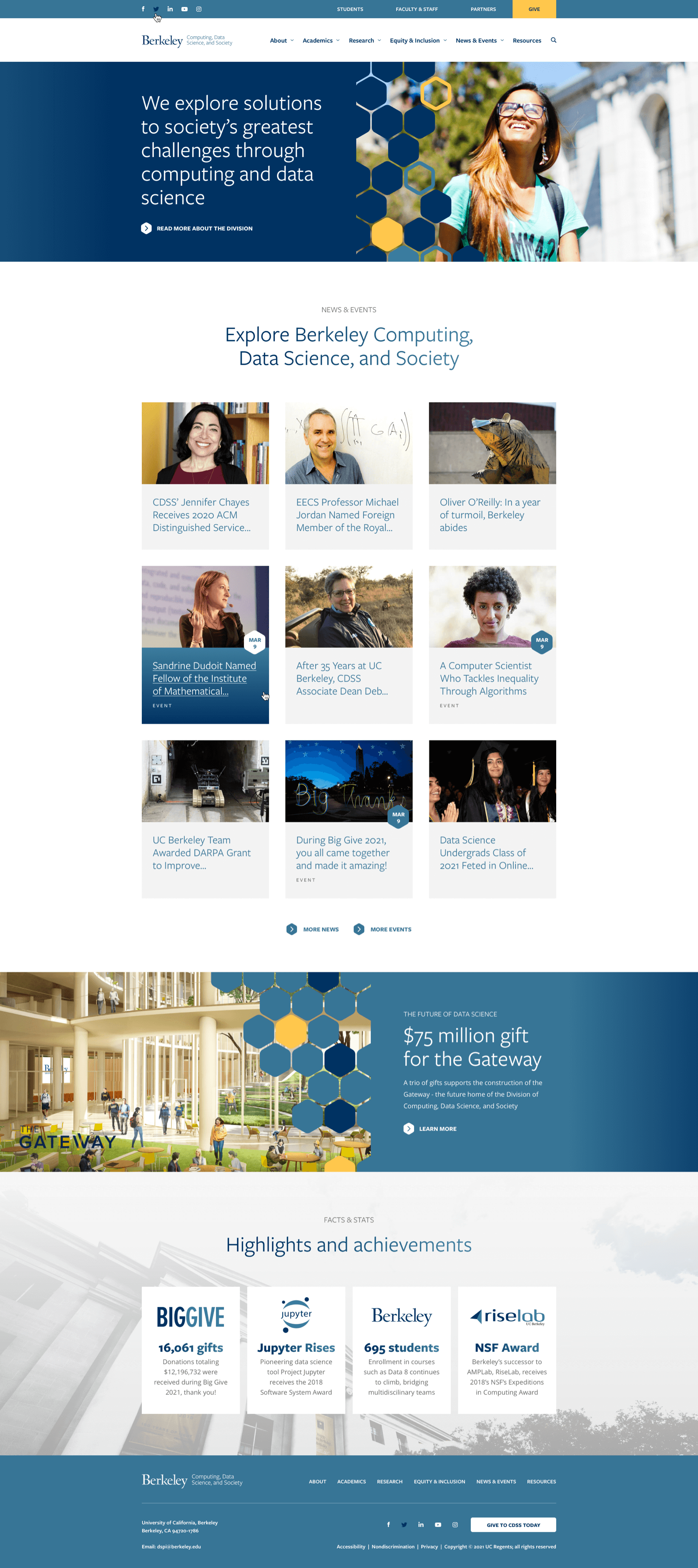 Desktop homepage design for the UC Berkeley Division of Computing, Data Science, and Society